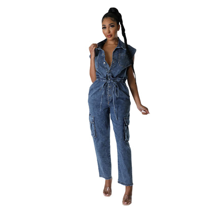 6983 Printemps Décontracté Col rabattu Sans manches Poche Ceinture Combinaison en jean coupe droite et ample Toile Lavé Séchage rapide