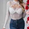 XS-L Herbst Sexy Rundhals Spitze Wimpern Spitze Stahlreif Overall Wild Langarm Eng Anliegend Overall