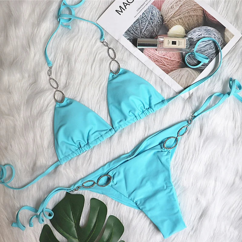New Design Solid Color Halter Collar Sexy Metal Decorate  Bikinis Woman Swimwear Two Piece Bikini & Beachwear