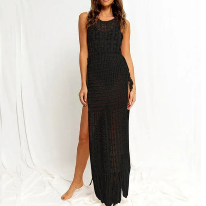 Sexy Tassel Bikini Blouse Women's Long Hollow Solid Color Round Neck Sleeveless Dress Swimsuit Outside Wholesale