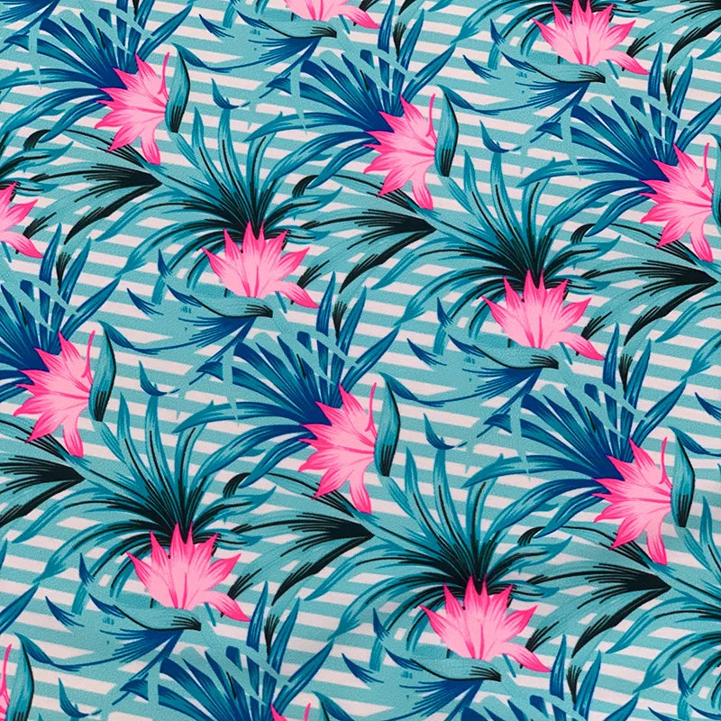 Fabric Supplier Quick Dry Blue Coconut Tree Sublimation Printing Nylon Spandex Fabric Beachwear Sexy Woman Swimwear Bikini Set