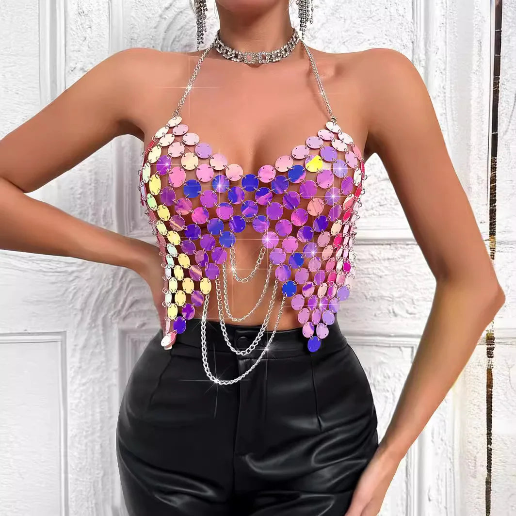Festival Outfit 2024 Summer New Fashion Nightclub Sexy Sequin Bright Triangle Stitching Bikini Hollow Out Tank Top
