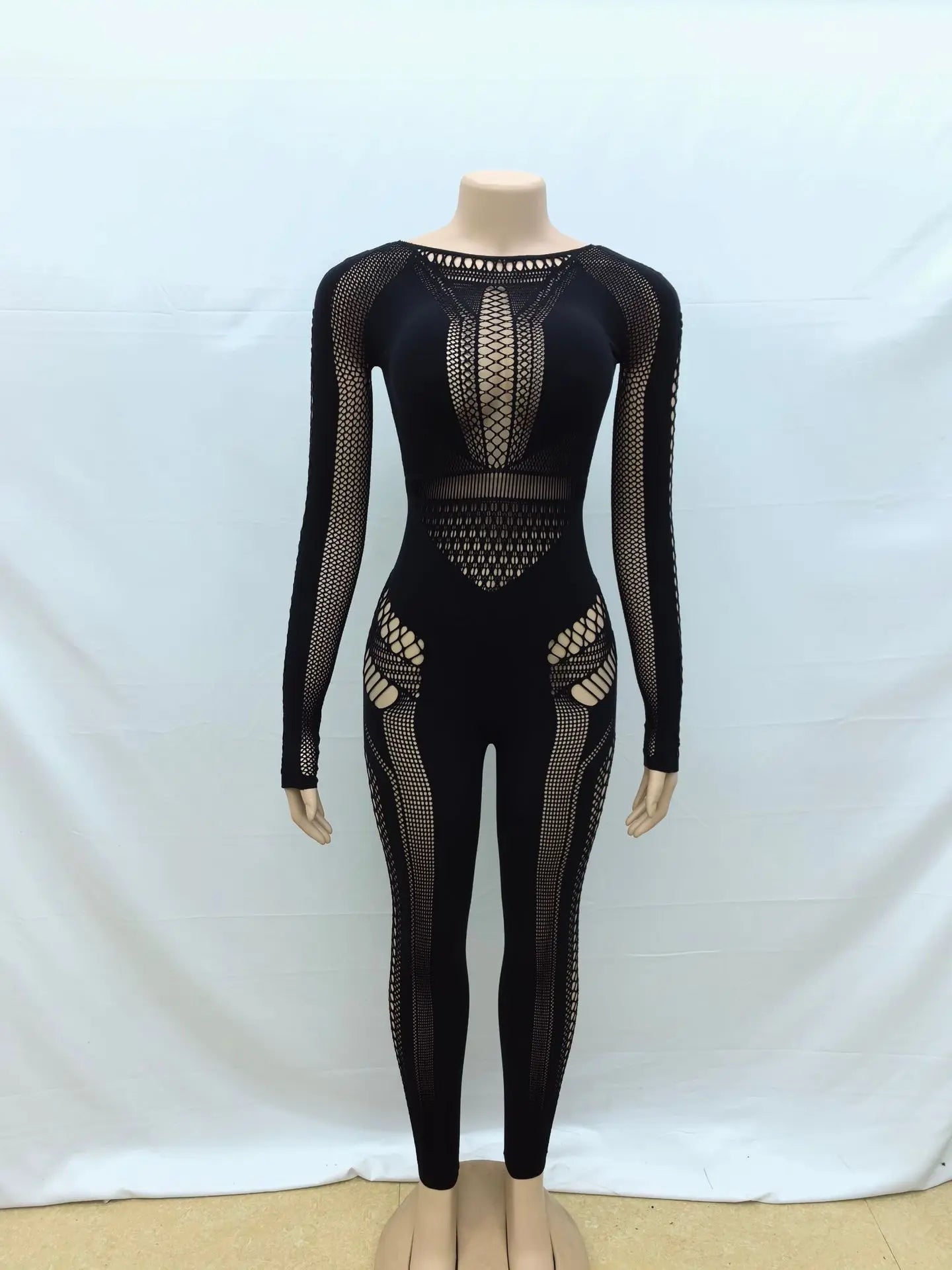 Neue Ankunft Damen Body Hohl Mittelhohe Taille Eng Große Größen Overalls Einfarbig Langarm Sexy Durchsichtiger Jumpsuit