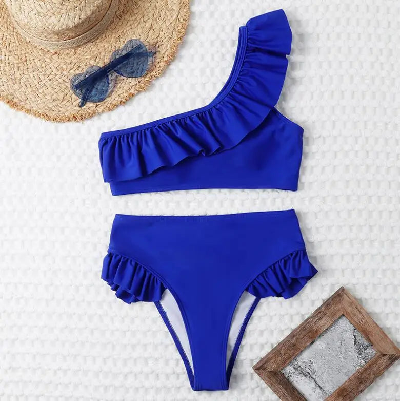 New Arrivals  3Colors One Shoulder Swimwear With Ruffle Sexy Woman High Waist Brazilian Bikini