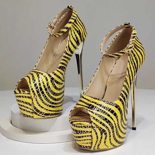 2025 tiger Stripe Women High Heels Open Toe Sandals Summer Stiletto Low Heel Strappy Models Exhibition Fashion Party Shoes