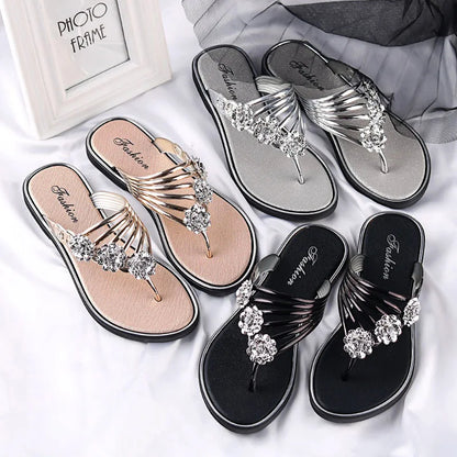 Tongs décontractées à strass fleurs pour l'extérieur, pantoufles, sandales d'été plates pour femmes, chaussures de plage