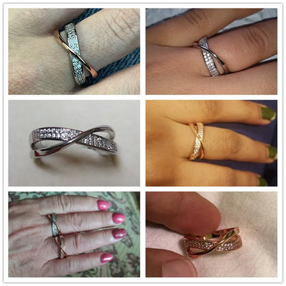 Huitan Il più nuovo anello incrociato a forma di X bicolore fresco per le donne Gioielli alla moda da sposa Abbagliante pietra CZ Grandi anelli moderni Anelli