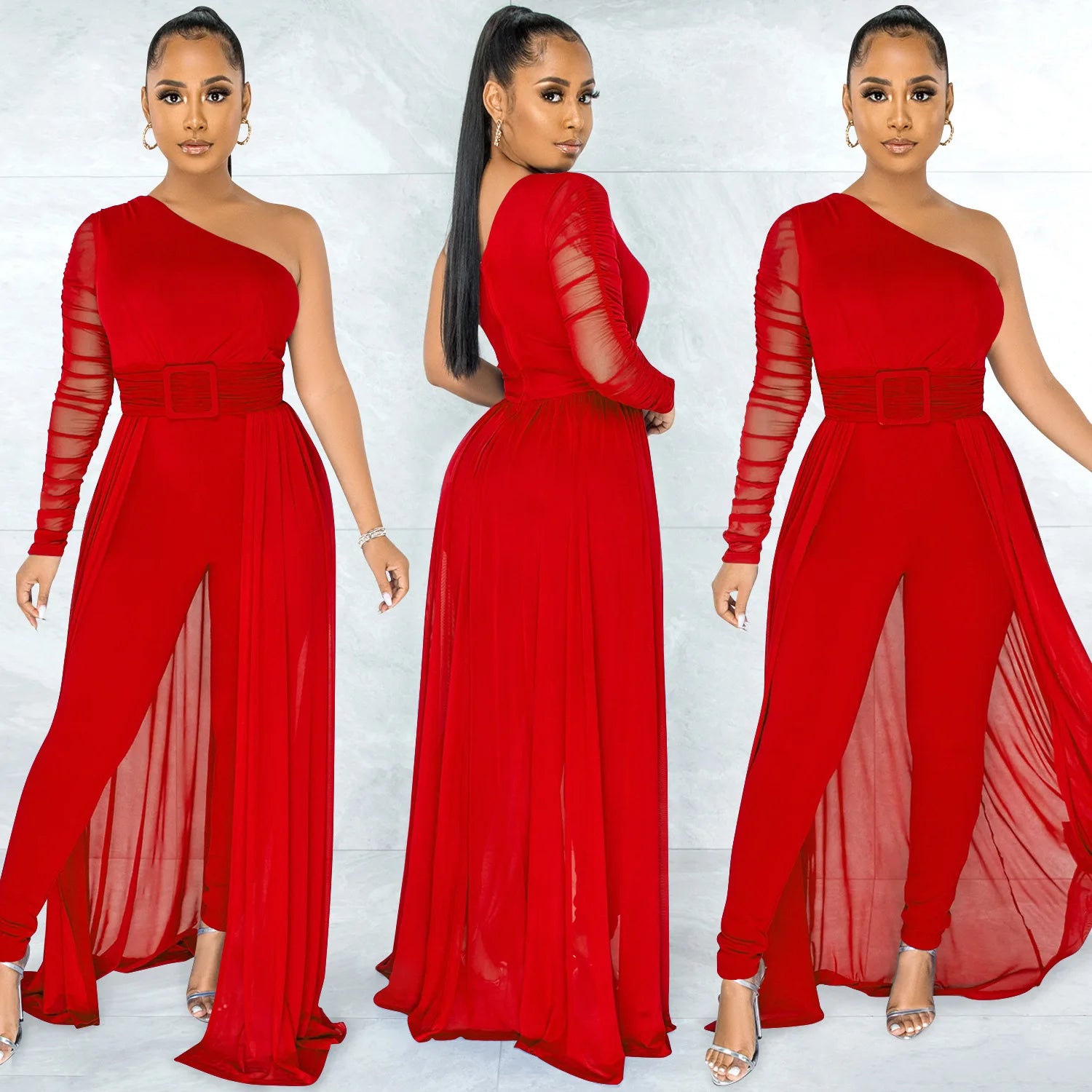 Hot Selling Women's Sexy One-Shoulder Satin Jumpsuit with Long Pants Breathable Mesh for Parties