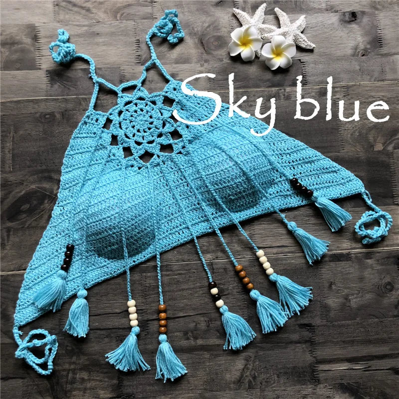 New Custom Handmade Crochet Swimwear Women Bralette Halter Neck Crop Tank Tops Crochet Bikini Top
