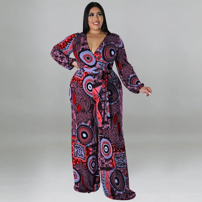 BH784 Combinaison-Pantalon Imprimée Ample Col V Grande Taille 100% Polyester Tendance Automne Hiver pour Femme