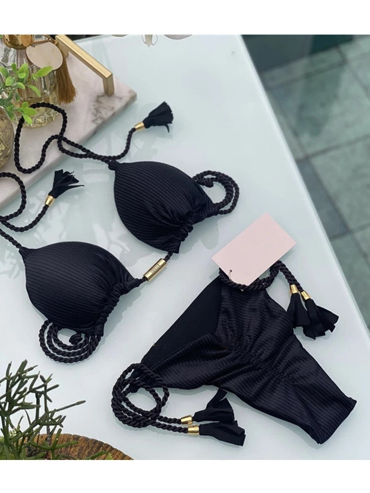 Neon Tassel Bikini Women Ribbed Swimsuit Sexy Swimwear Micro Thong Triangle Bandage Swimsuit 2023 Halter Brazilian Biquini