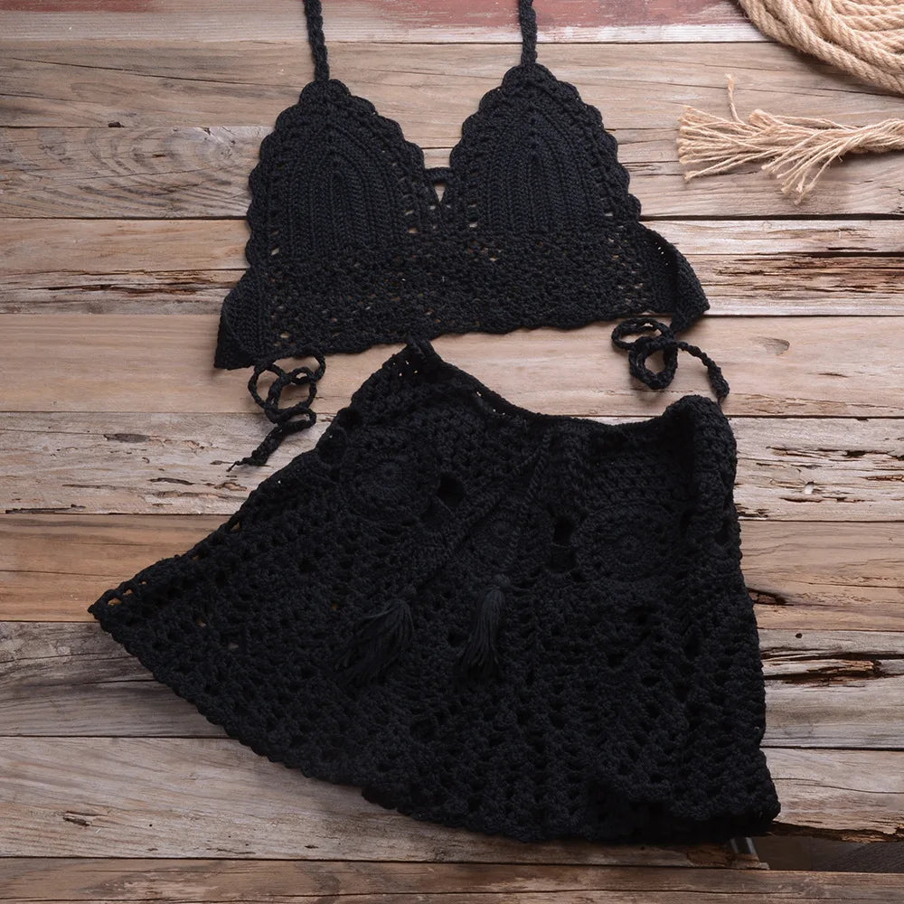 Custom Crochet Swimwear Women's Halter Top Tie Side Swimsuits 2 Piece Beachwear Set Beach Cover up Crochet Bikini