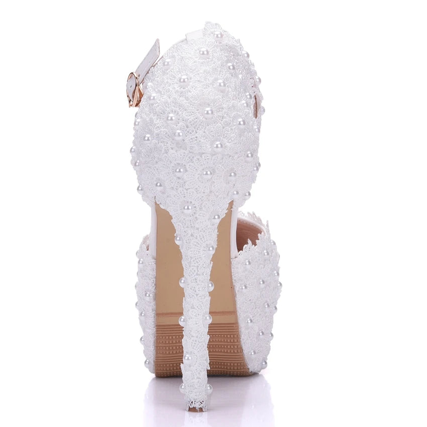 BS048 White Lace High Heels Platform Pumps Party Wedding Shoes White Heels Ankle Straps Women Sandals Bridesmaid Shoes