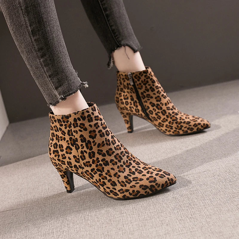 LazySeal 2025 New Luxury Leopard Women Boots Leather Winter Casual Shoes Hoof Heels Zip Pointed Toe Ankle Boots Big Size 43