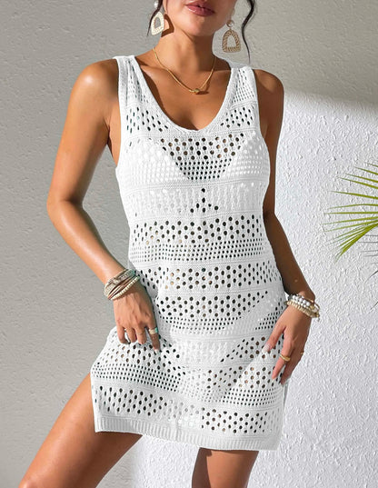 Summer Beach Vacation Swimsuit Bikini New Sleeveless Sun-proof Shirt Knitted Hollowing Out Cover up Dress Swimwear Beach Skirt