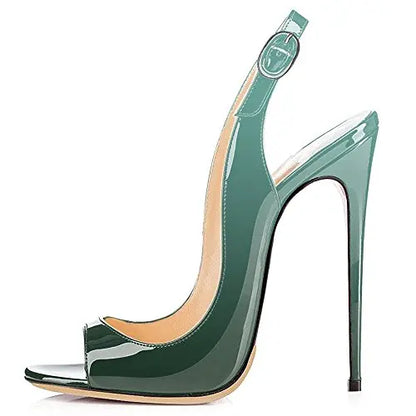 Sandales à talons hauts pour femmes en cuir verni dégradé Escarpins à bride arrière avec boucle Bout ouvert Talon aiguille