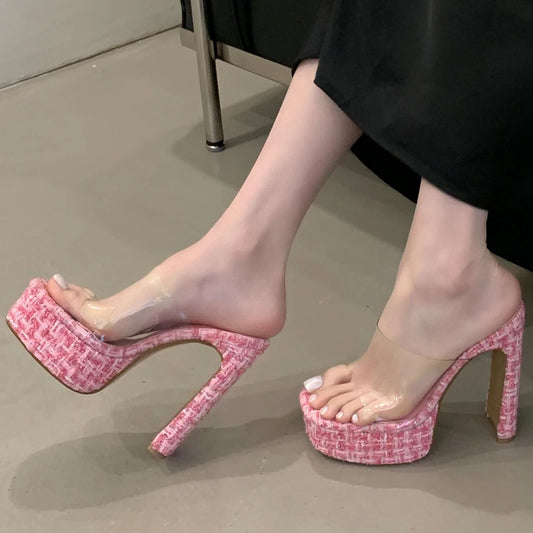 2025 Women's High-Heeled Grid Design Sandals with Anti-Slip Transparent Tape Anti-Slip Slippers Wedges