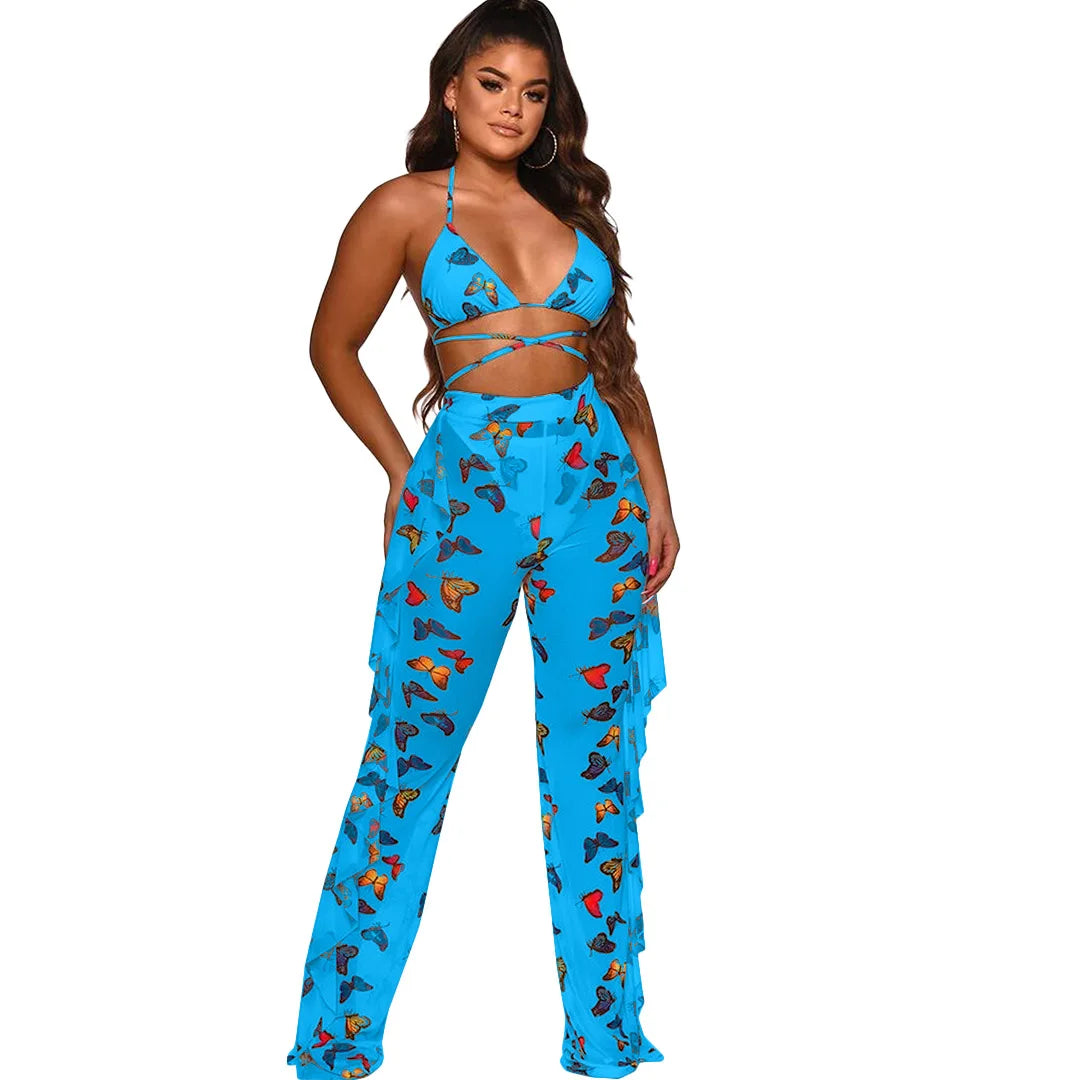 Summer Night Club Bikini Halter Sexy Swimsuits for Women 2Pcs Sheer Sexy 2025 Women Long Pant Bathing Suits