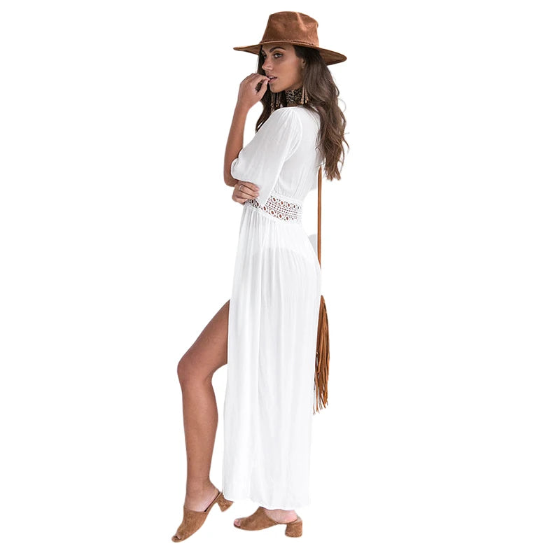 Neue Mode Damen Sommer Bikini Overall Tiefer V-Ausschnitt Halbarm Spitze Passende Schnürung Lässiges Langes Cape Cardigan Kleid
