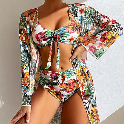 Damen Sommer Badeanzug Blumenprint Dreiteiliger Set Sexy Strandkleidung Bikini-BH, Höschen, Langarm-Cardigan Mantel Sets