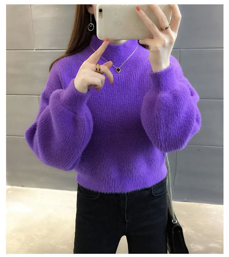Autunno/Inverno Donna Maglione Pullover Nuovo Mezza Dolcevita Manica Lanterna Maglione Corto Imitazione Visone Pile Maglia Maglione Top