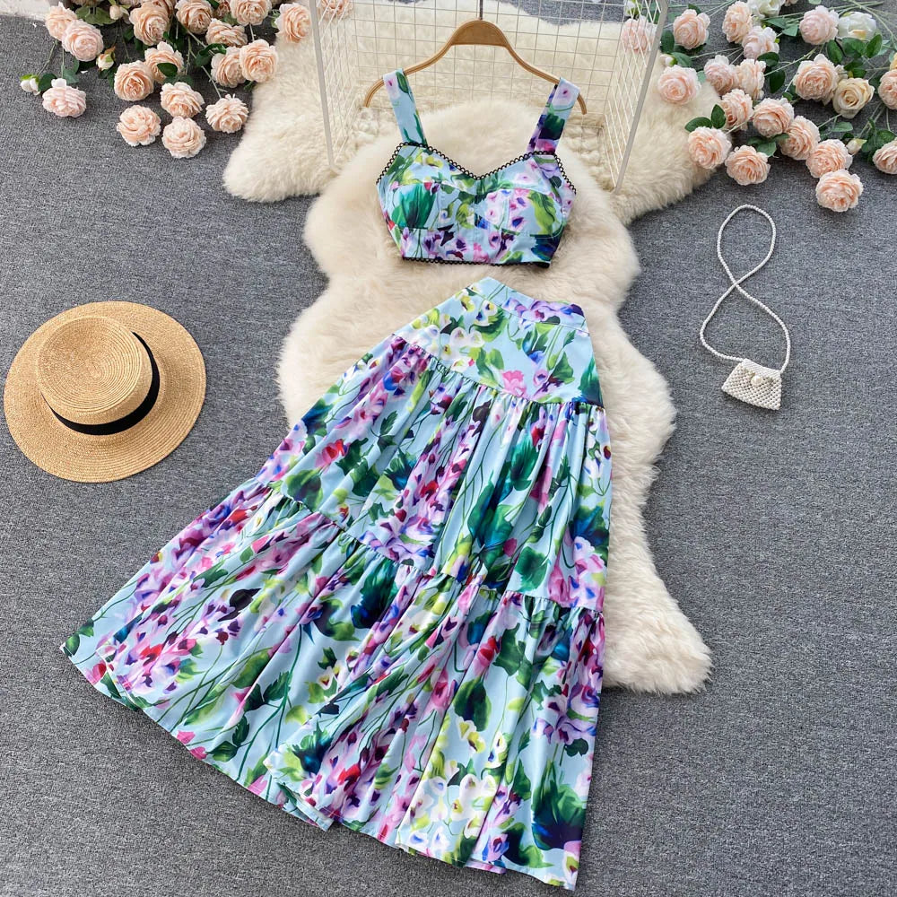 ANSZKTN et le style de vacances américain ANSZKTN Print Suit Femme Courte Bretelle Haut Jupe Plissée Ensemble
