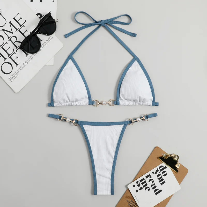 2025 Neuer Push-Up Geblümter Unifarbener Tanga 2-teiliges Set V-Ausschnitt Rippenbesatz Neckholder Bikini Spandex/Nylon Atmungsaktiv Schnelltrocknend Sexy