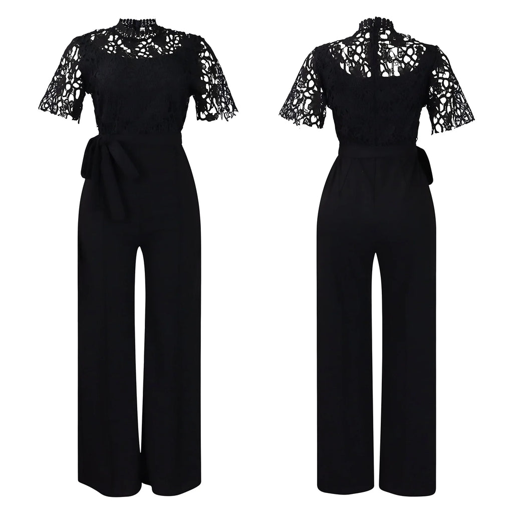 D509 Latest Design Sexy Lace Jumpsuit for Women Hollow Out Short Sleeve Tie up High Waist Wide Leg Jumpsuits for Ladies