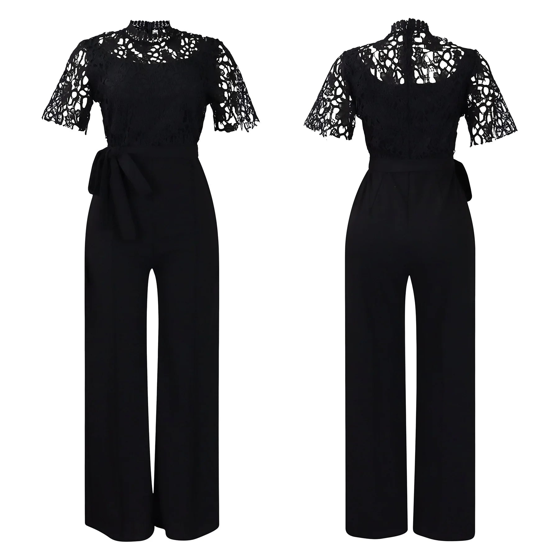 D509 Latest Design Sexy Lace Jumpsuit for Women Hollow Out Short Sleeve Tie up High Waist Wide Leg Jumpsuits for Ladies