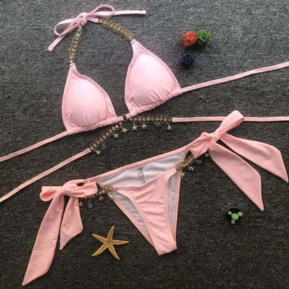 2022 Stock glänzender holografischer Tanga-Bikini Schmuck Diamant Damen Tanga-Bikini Bademode