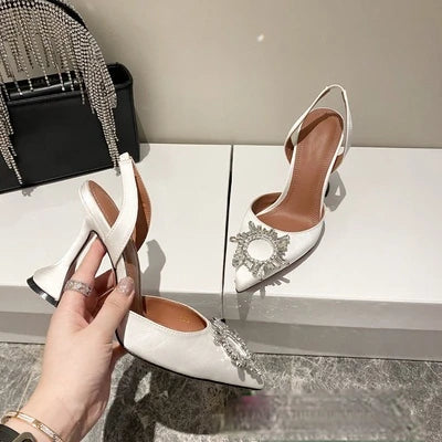 Estate europea e americana 2021 nuove scarpe da donna con tacco alto a punta girasole trapano fibbia punta chiusa sandali con tacco coppa di vino