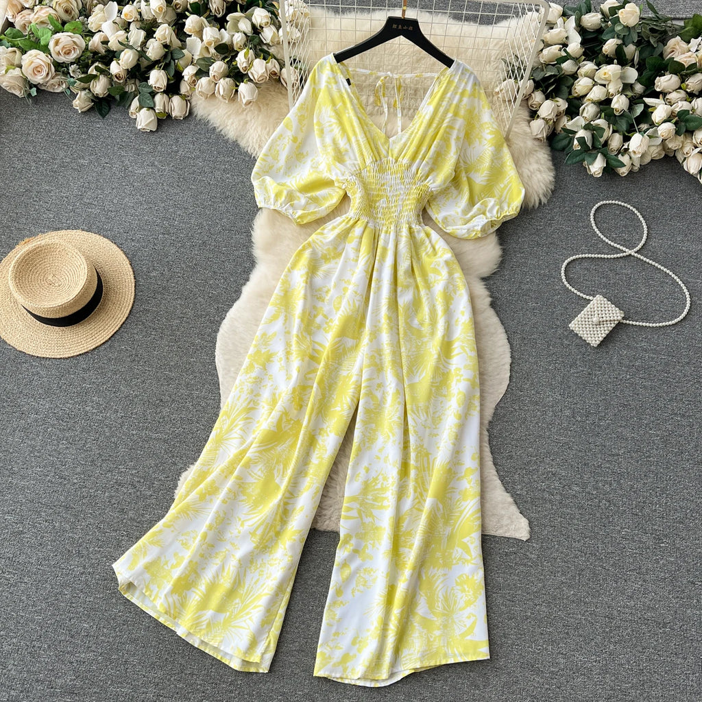 Seaside Vacation Style Floral Chiffon Jumpsuit for Women With High Waist, Slim and Fashionable Casual Loose Fitting Wide Leg Str