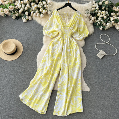 Combinaison en mousseline de soie fleurie style vacances en bord de mer pour femme avec taille haute, coupe slim et décontractée, jambe large flu