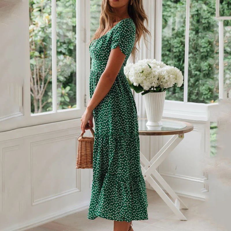 Abiti vintage stampa vintage manica a sbuffo estate spiaggia abiti dolci casual colletto quadrato floreale maxi abito lungo festa