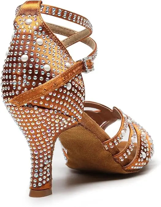 Brown Rhinestone Ballroom Dance Shoes Salsa Sandals Latin Bachata Performance Dancing Shoes