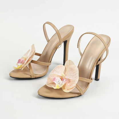Women's Three-dimensional Floral Decoration Summer High Heel Sandals Toe Stiletto Heel Ankle Strap Fashion Party Dress Shoes