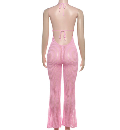 Peeqi W24Q62145 Nouveau Combinaison Tricotée Sexy Femme Été Printemps Col Halter Sans Manches Évidé Patte d'Éléphant en Laine Combinaison pour Femme