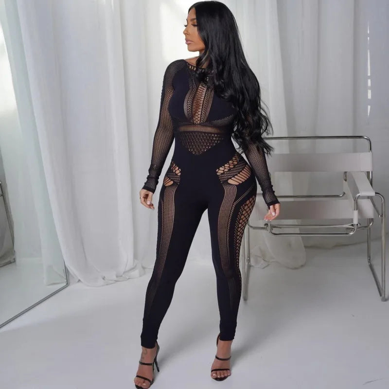Neue Ankunft Damen Body Hohl Mittelhohe Taille Eng Große Größen Overalls Einfarbig Langarm Sexy Durchsichtiger Jumpsuit