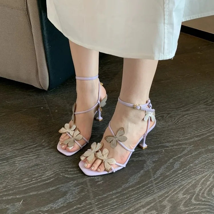 Ladies' High Heels Summer Fashion New Style Square Head Butterfly Style Thin Heel Sandals High Heels Women's Shoes