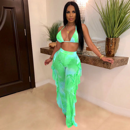 Prix usine en gros Nouveau maillot de bain d'été sexy pour femme avec bikini à volants, pantalon long ample, soutien-gorge à fines bretelles et ensemble deux pièces