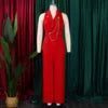 C8604 Latest Design African Jumpsuit Women Sexy Sleeveless V-neck Suit Collar Metal Chain Casual Wide Leg Jumpsuits for Ladies