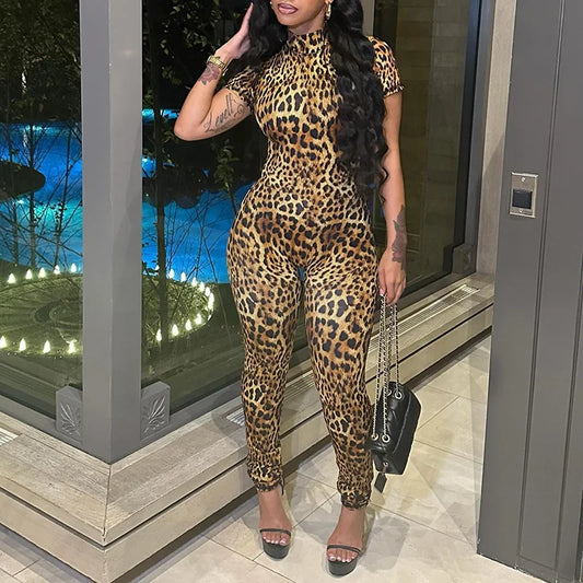 OUDINA Combinaison à manches courtes moulante Automne Hiver Nouvelle Mode Combinaison Imprimé Léopard Dos Nu Femmes Playsuits