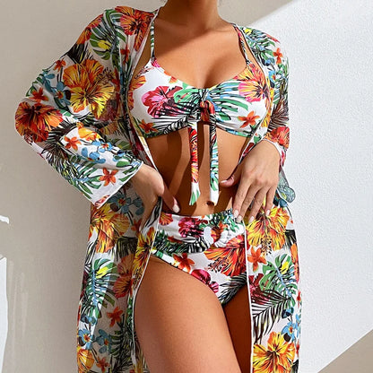 Damen Sommer Badeanzug Blumenprint Dreiteiliger Set Sexy Strandkleidung Bikini-BH, Höschen, Langarm-Cardigan Mantel Sets