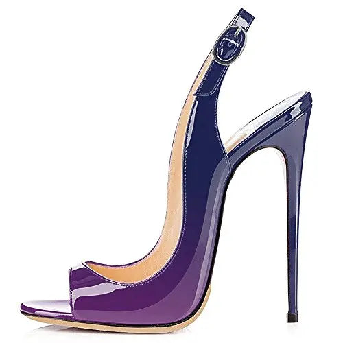 Sandales à talons hauts pour femmes en cuir verni dégradé Escarpins à bride arrière avec boucle Bout ouvert Talon aiguille