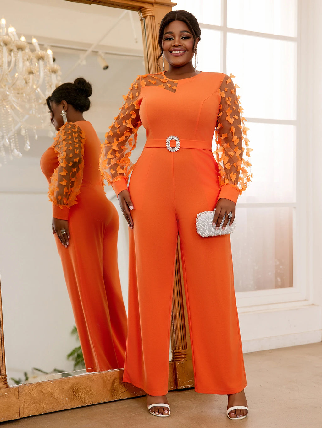 Long Lantern Sleeves Waist Decoration Applique Plus Size Women Jumpsuit