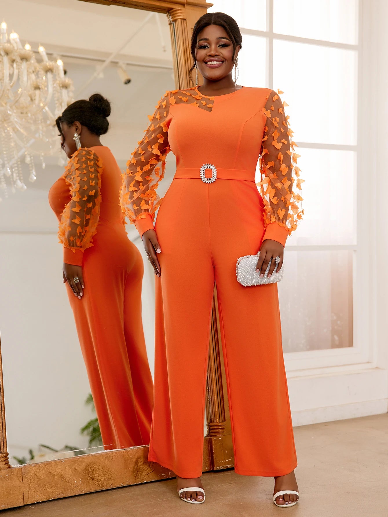 Long Lantern Sleeves Waist Decoration Applique Plus Size Women Jumpsuit