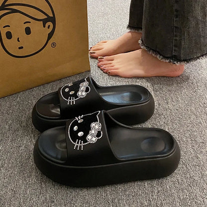 2025 Summer Fashion Sandals KT Cat Cartoon Design One-Word Non-Slip TPR for Slippers Height Increasing Autumn Fashion Trend