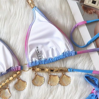 2024 Neuer sexy Bandage-Gradienten-Druck Frauen-Split-Badeanzug Luxus Kristall-Diamant-Bikini Muschel-Badeanzug Schmuck-Bademode