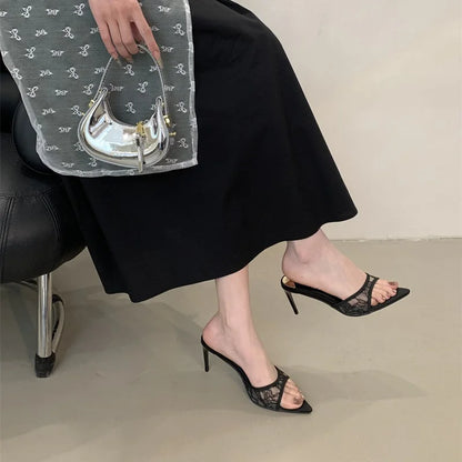 2025 Lace White Heels Hollow Mesh Sexy Feminine Sandals Summer Women's Wedding Shoes Slippers