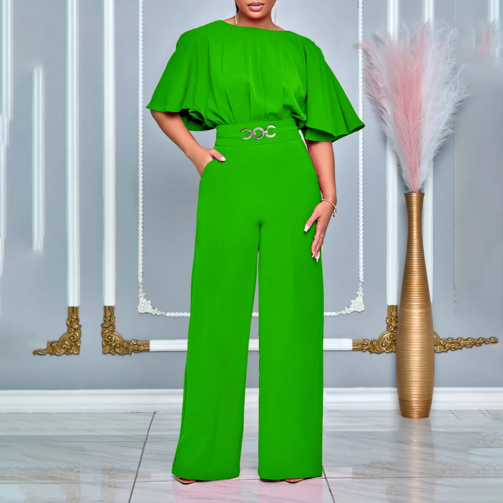 D3276 Loose Fit Fashion Overall mit Rundhalsausschnitt, hohem Bund, weitem Bein im afrikanischen Stil, aus Canvas-Stoff